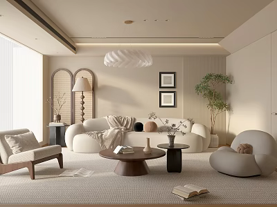 Elegant Modern Living Room With Beige Sofa Round Coffee Table Pendant Light And Green Plant 3d model