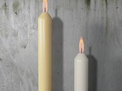 Two Lit Yellow And White Candle Lamps With Flames On Textured Gray Wall 3d model