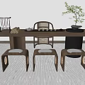 Minimalist Wooden Tea Table and Chairs with Tea Set and Small Plant in Light Room