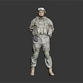 Game Movie Military Character in Tactical Uniform With Full Gear Standing Neutral Gray Background