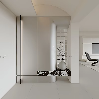 Modern Entryway Hallway With White Walls Glass Door Marble Countertop Cabinet Vase Decoration Curved Design 3d model