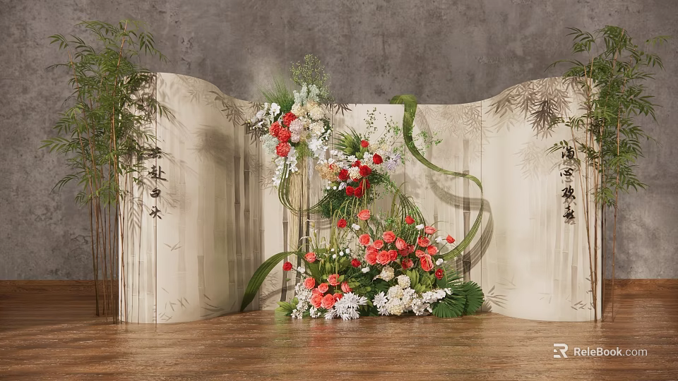 Banquet Hall With Bamboo Screen Red White Flower Arrangement Green Ribbons Gray Wall Wooden Floor 3d model 