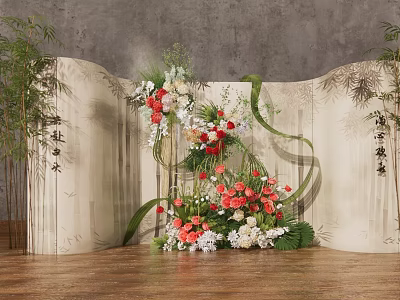 Banquet Hall With Bamboo Screen Red White Flower Arrangement Green Ribbons Gray Wall Wooden Floor 3d model