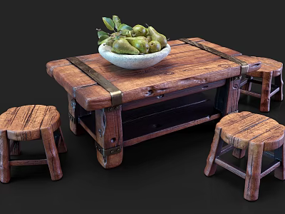 Rustic Wooden Outdoor Table With White Bowl Green Fruits And Stools 3d model