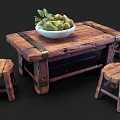 Rustic Wooden Outdoor Table With White Bowl Green Fruits And Stools