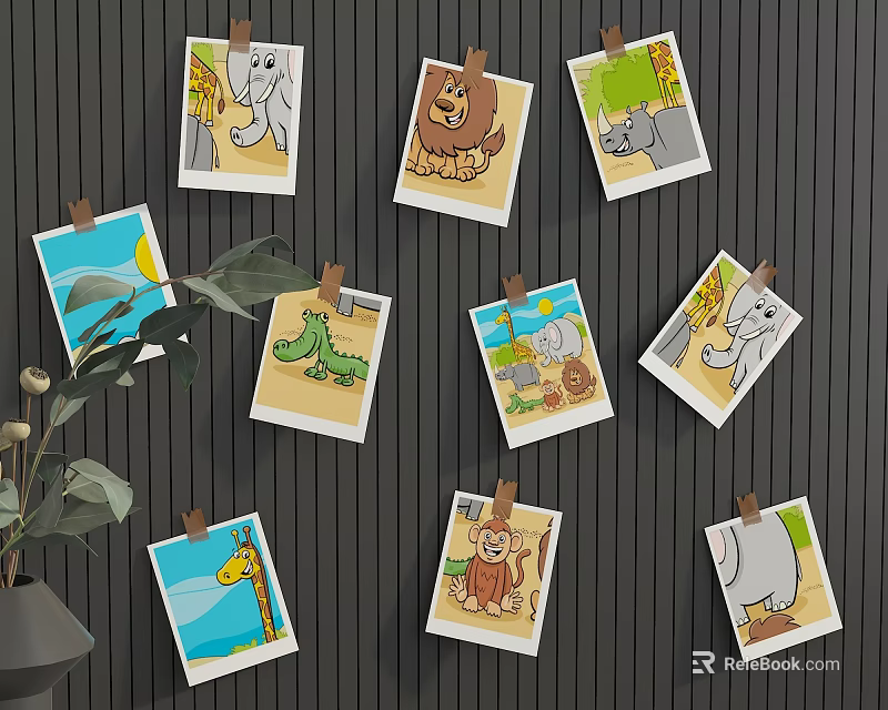 Black Background Wall With Hanging Colorful Cartoon Animal Pictures Clothespins And Green Plant 3d model 