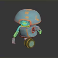 Blue And Orange Robot Character With Mushroom Shaped Helmet Circular Eye Hexagonal Texture And Wheel Base