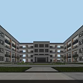Traditional Chinese Style Multi Story School Building With Symmetrical Courtyard Lawn And Stone Pavement