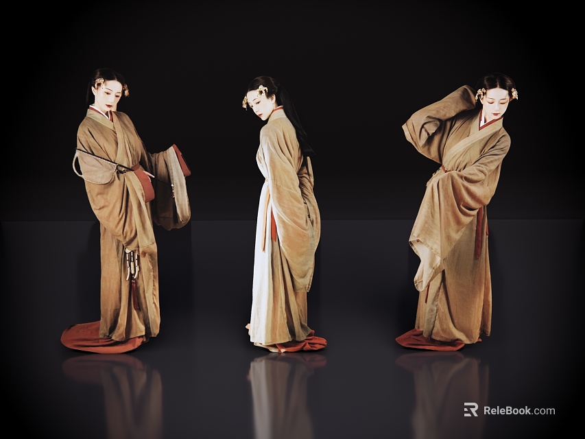 Women in traditional brown robes posing in three angles against dark background with reflective floor 3d model 