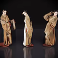 Women in traditional brown robes posing in three angles against dark background with reflective floor