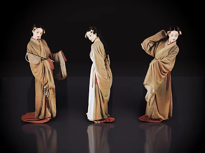 Women in traditional brown robes posing in three angles against dark background with reflective floor 3d model