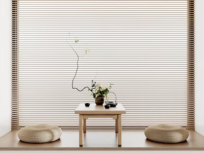 Cozy Bay Window Setup With Wooden Blinds Small Table and Woven Cushions 3d model