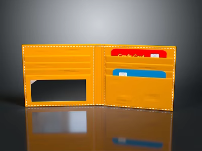 Yellow Leather Wallet Open Design With Credit Cards Card Slots And Transparent Window 3d model