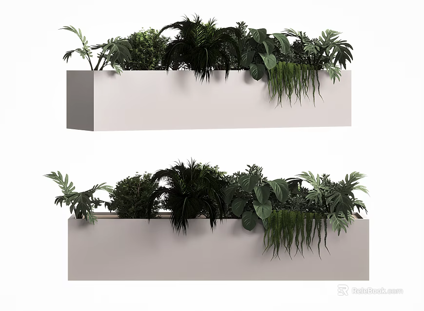 Various Potted Bonsai Green Plants In White Rectangular Hanging Planters For Indoor Decoration 3d model 