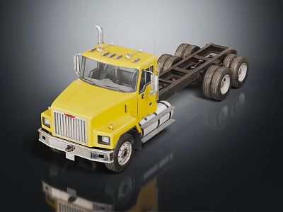 Yellow Truck Chassis With Cab And Multiple Wheels On Black Background 3d model