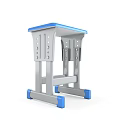School Student Desk And Chair Set With Wooden Top Blue Frame Grey Legs And Wheels