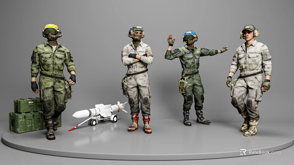 Men in Different Military Uniforms Standing with Missile and Military Equipment 3d model 