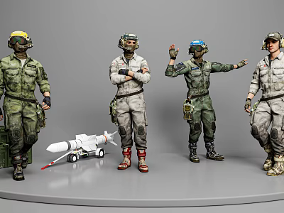Men in Different Military Uniforms Standing with Missile and Military Equipment 3d model