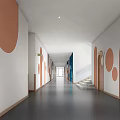 Modern Two Story Kindergarten Open Space With Colorful Circular Wall Panels Pendant Lights And Bookshelves