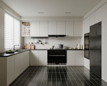 Cream Style Kitchen Cabinet Refrigerator Steam Oven Kitchenware Dishwasher Venetian Blinds 3d model