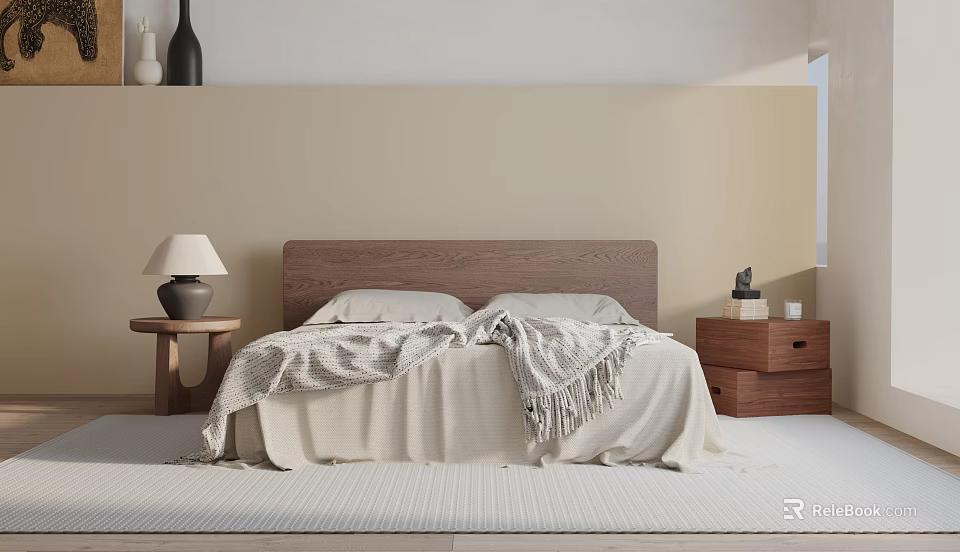 Double Bed with Wooden Headboard Beige Fringed Blanket and Bedside Table with Table Lamp 3d model 