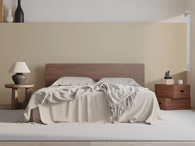 Double Bed with Wooden Headboard Beige Fringed Blanket and Bedside Table with Table Lamp 3d model