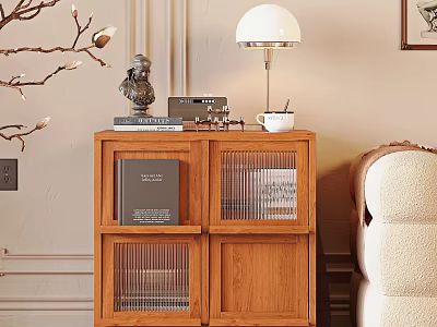 Wooden Bedside Table With Lamp Statue Radio Books And Teacup In Cozy Interior 3d model