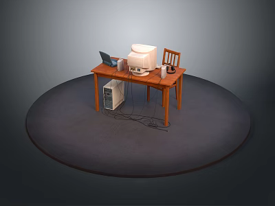 Wooden Home Office Furniture Desk With Chair Laptop And Monitor Setup 3d model