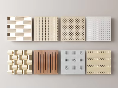 Multiple Style Wall Panels Featuring Wooden Slats Perforated Surfaces And Geometric Patterns 3d model