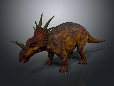 Realistic 3D Horned Dinosaur Model With Spiked Frill Nasal Horn and Brown Yellow Skin 3d model