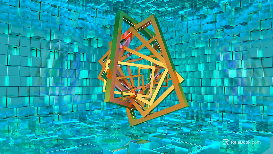 Cartoon Scene With Blue Cube Background And Orange Geometric Frame Structure 3d model 