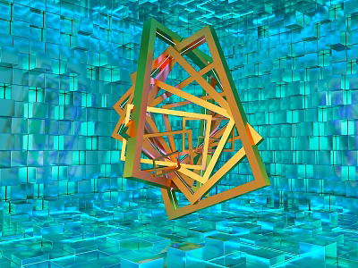 Cartoon Scene With Blue Cube Background And Orange Geometric Frame Structure 3d model