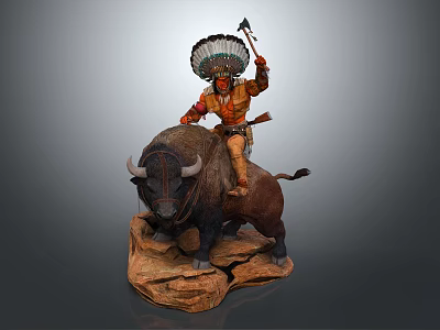 Game Movie Character With Feathered Headdress Riding Buffalo Holding Axe On Rock Base 3d model