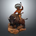 Game Movie Character With Feathered Headdress Riding Buffalo Holding Axe On Rock Base