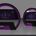 Circular Display Shelves In Black Purple With Digital Screens Showing City Night And Flying Objects