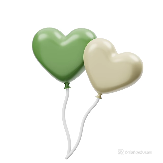 Decorative Ornament Set with Two Heart Shaped Green and Beige Balloons and White Strings 3d model 