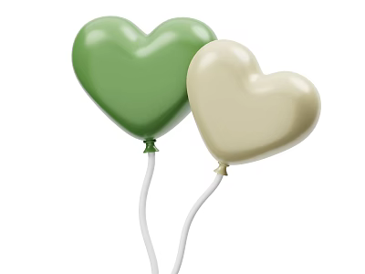 Decorative Ornament Set with Two Heart Shaped Green and Beige Balloons and White Strings 3d model