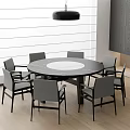 Dining Room Interior With Round Table Set White Tabletop Black Legs And Six Gray Chairs 3d model