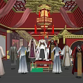 Traditional Chinese Clothing Store with Mannequins Red Drapes Golden Carved Ceiling and Lanterns