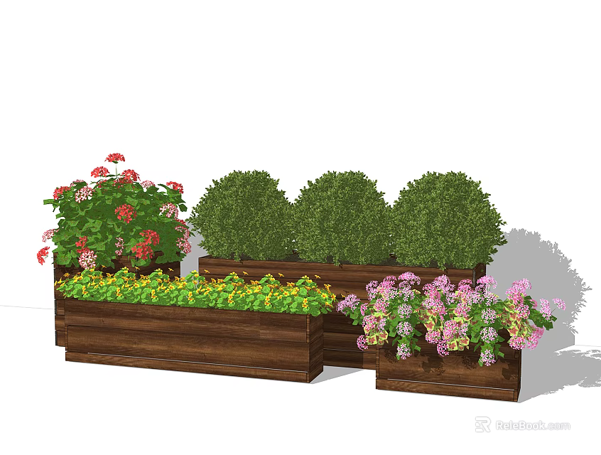 Wooden Tree Planter With Green Bushes And Colorful Flowers For Garden Landscaping 3d model 