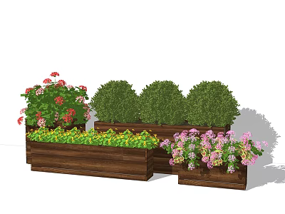 Wooden Tree Planter With Green Bushes And Colorful Flowers For Garden Landscaping 3d model
