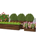 Wooden Tree Planter With Green Bushes And Colorful Flowers For Garden Landscaping