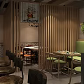 Cozy Restaurant Interior With Wooden Tables Chairs Green Plant Partitions Wall Decorations And Curtains