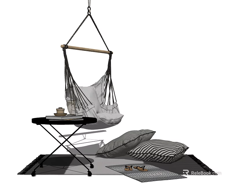 Cozy Woven Hanging Chair With Small Table And Striped Cushions On Carpet 3d model 