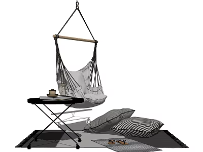 Cozy Woven Hanging Chair With Small Table And Striped Cushions On Carpet 3d model