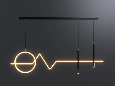 Modern Geometric Chandelier With Black Horizontal Bar Yellow Glowing Lines And Hanging Black Rods 3d model