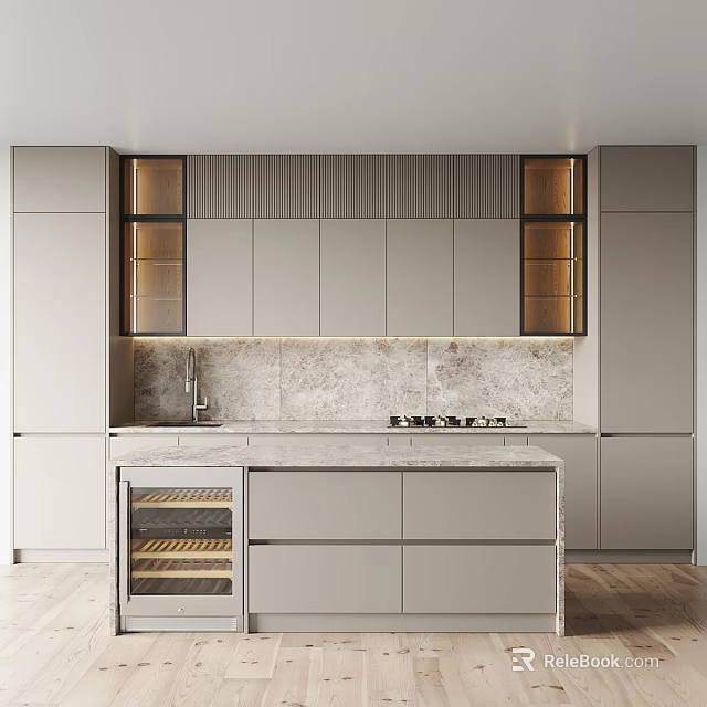 Modern Kitchen Gray Cabinets With Marble Countertop Wine Rack And Island 3d model 