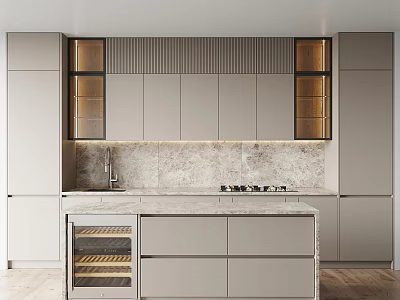 Modern Kitchen Gray Cabinets With Marble Countertop Wine Rack And Island 3d model