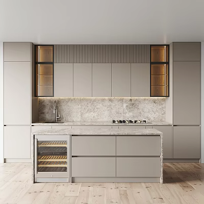 Modern Kitchen Gray Cabinets With Marble Countertop Wine Rack And Island 3d model