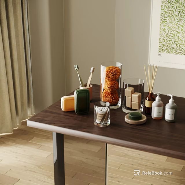 Stylish Bathroom Accessories with Toothbrushes Orange Loofah Soap Bars and Aromatherapy Sticks on Wooden Table 3d model 